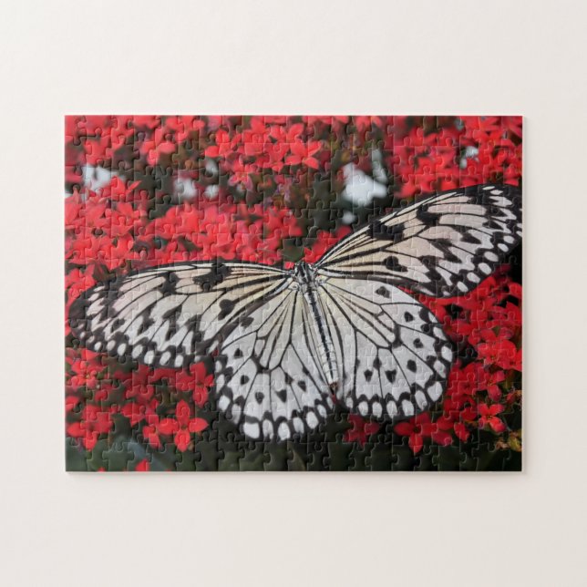 Black and White Butterfly in Red Flower Bush Jigsaw Puzzle (Horizontal)