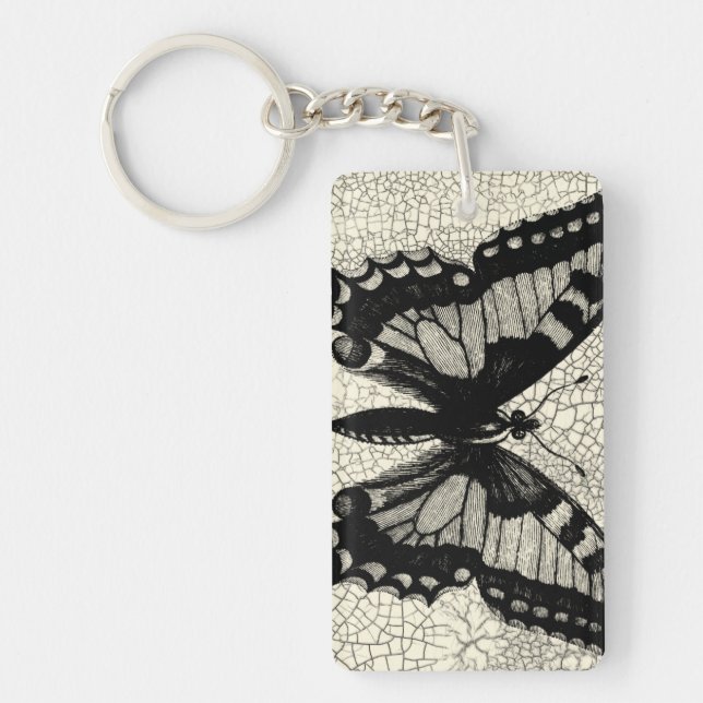 Black and White Butterfly on Cracked Background Keychain (Front)