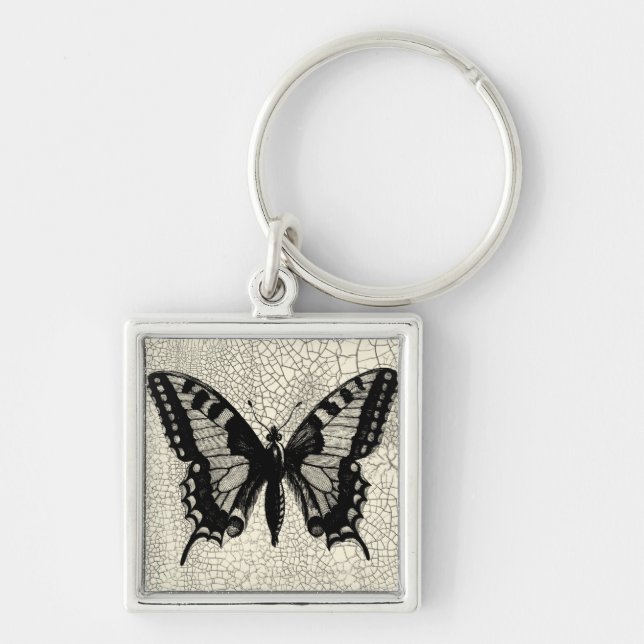 Black and White Butterfly on Cracked Background Keychain (Front)