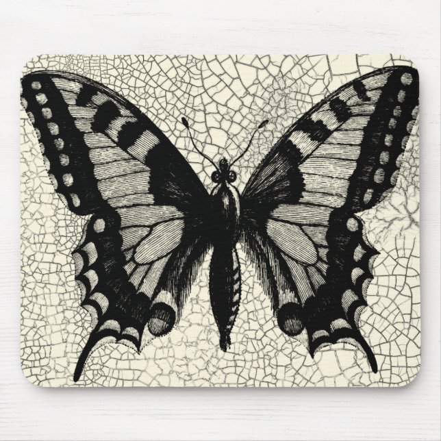 Black and White Butterfly on Cracked Background Mouse Pad (Front)