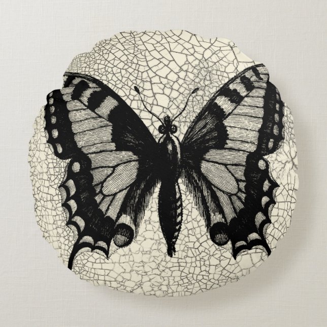 Black and White Butterfly on Cracked Background Round Pillow (Front)