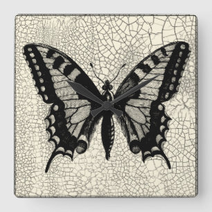 Black and White Butterfly on Cracked Background Square Wall Clock