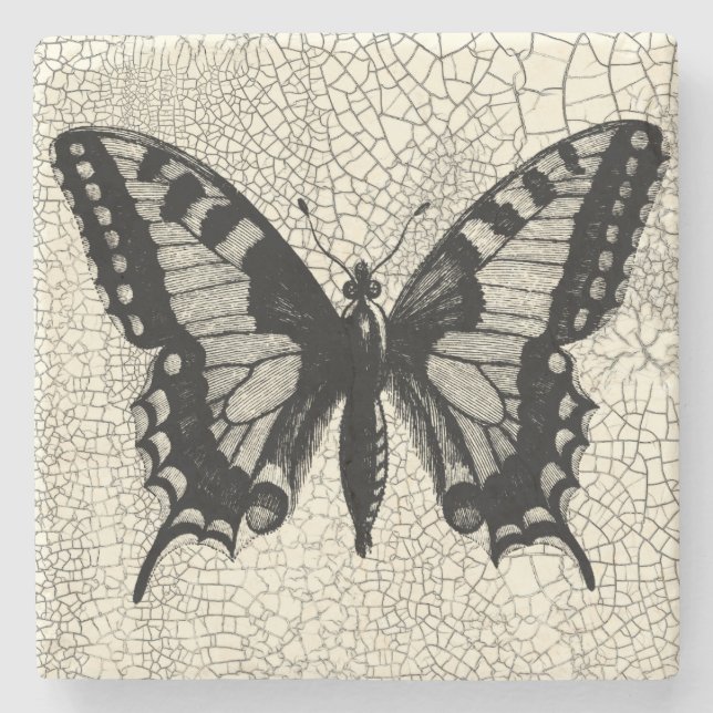 Black and White Butterfly on Cracked Background Stone Coaster (Front)