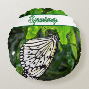 Black and White Butterfly on Green Custom Name Round Pillow