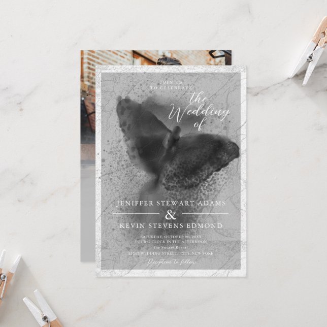 Black and White Butterfly Photo Overlay Wedding Invitation (Front/Back In Situ)