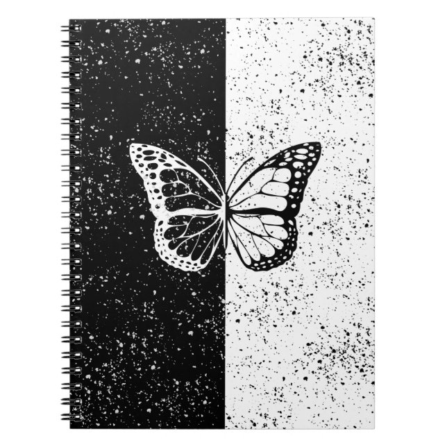 Black and White Butterfly Stars Dots Pattern Girly Notebook (Front)