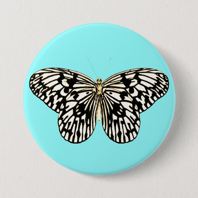 Black and white butterfly, turquoise background 3 inch round button (Front)