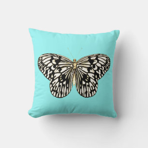 Black and white butterfly, turquoise background throw pillow