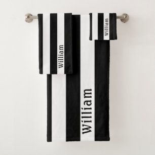 Black and White Cabana Stripes Personalized Bath Towel Set