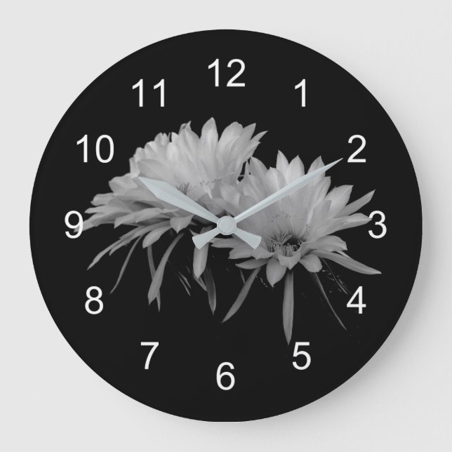Black and White cactus blooms Large Clock (Front)