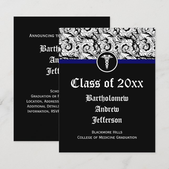 Black and White Caduceus Medical School Graduation Invitation (Front/Back)