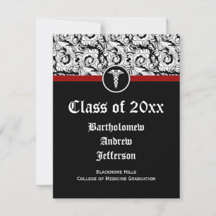 Black and White Caduceus Medical School Graduation Invitation