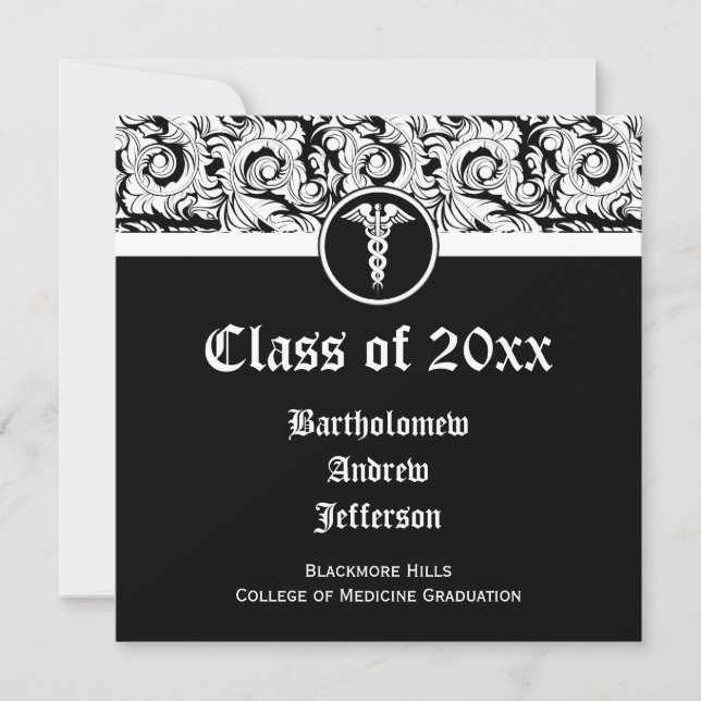 Black and White Caduceus Medical School Graduation Invitation (Front)