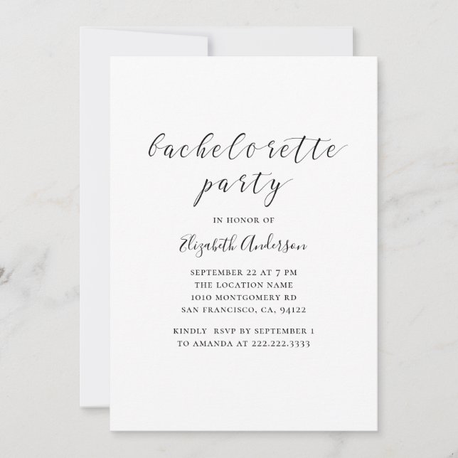 Black and white calligraphy bachelorette party invitation (Front)