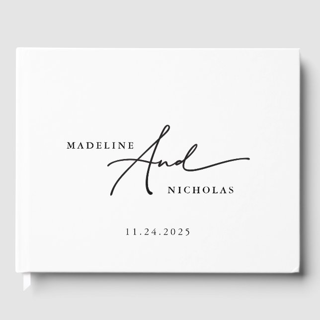 Black And White Calligraphy Chic Modern Wedding Guest Book (Front)