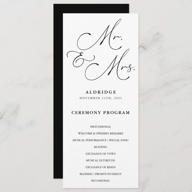 Black And White Calligraphy Mr. And Mrs. Wedding Program (Front/Back)