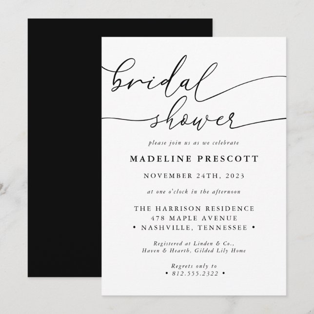 Black And White Calligraphy Script Bridal Shower Invitation (Front/Back)
