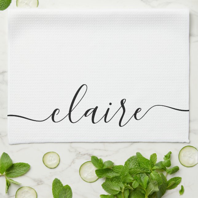 Black And White Calligraphy Script Custom Name  Kitchen Towel (Folded)
