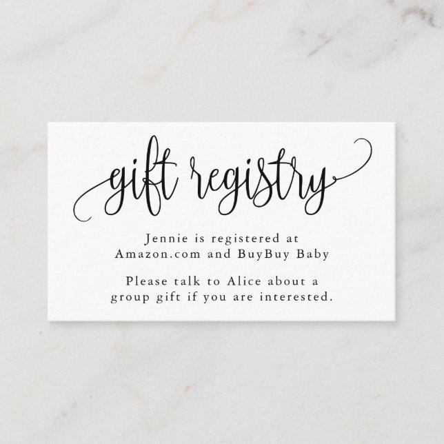 Black and White Calligraphy Script Gift Registry Enclosure Card (Front)