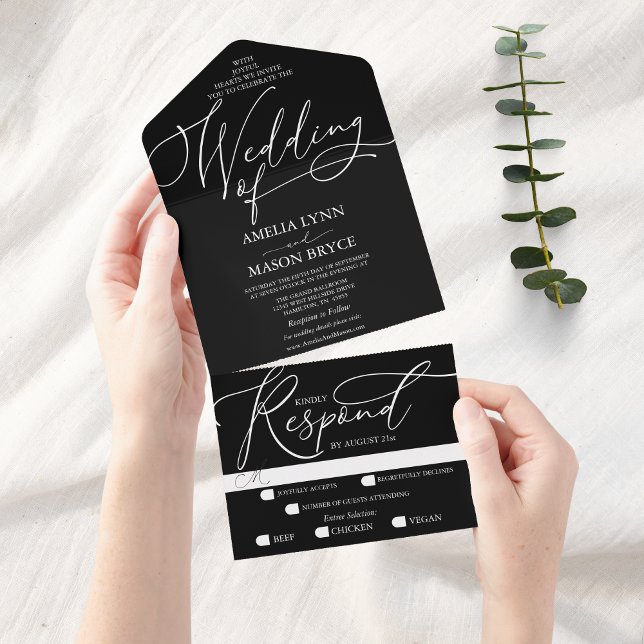 Black and White Calligraphy Script Wedding All In One Invitation (Black with White Calligraphy Script All in One Wedding Invitation)