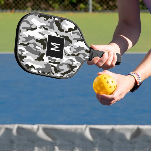 Black and White Camouflage Pattern Monogram Pickleball Paddle (Insitu)