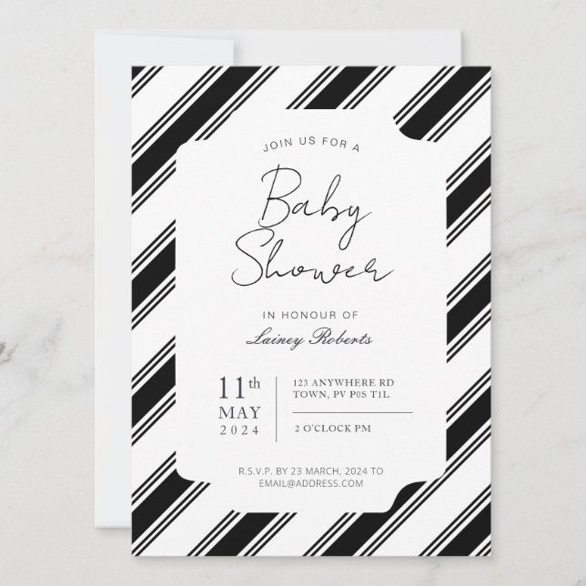 Black and White Candy Cane Diagonal Stripe Shower Invitation (Front)