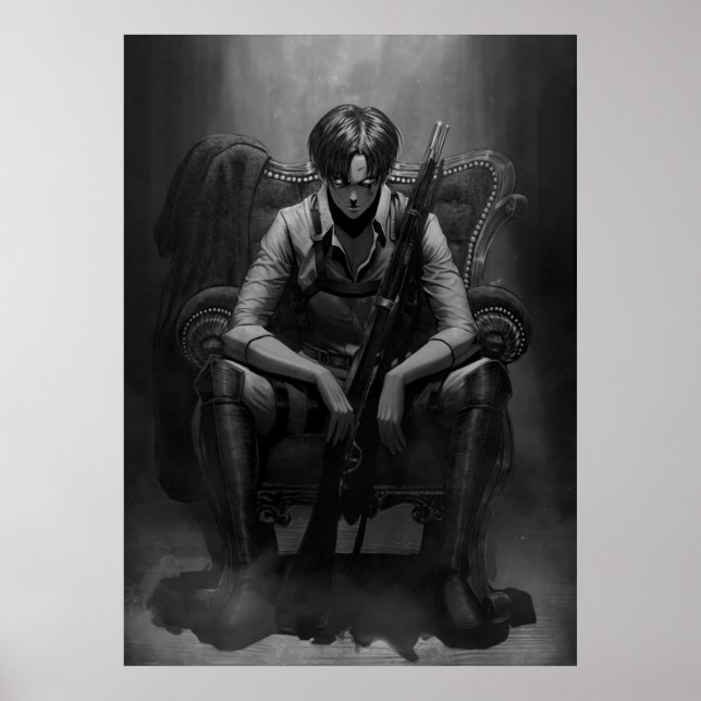 Black And White Capten Levi With The Gun Poster (Front)