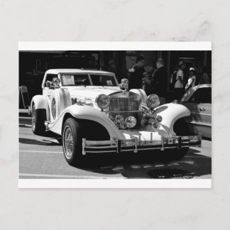 Black and white card of retro car Excalibur