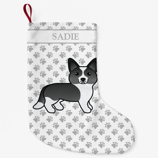 Black And White Cardigan Welsh Corgi Dog & Name Small Christmas Stocking (Front)