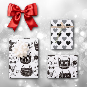 Black and White Cartoon Cat Faces and Hearts Wrapping Paper Sheet