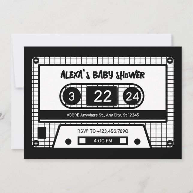 Black and white cassette tape baby shower invitation (Front)