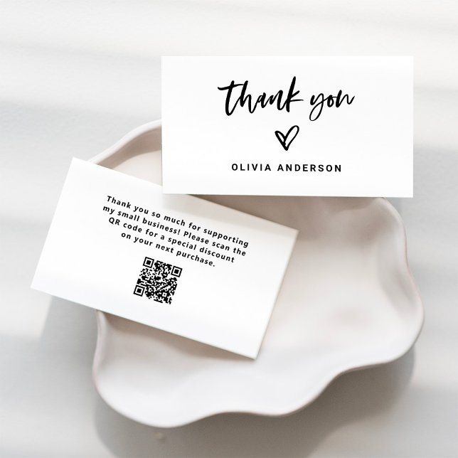 Black and White Casual Script and Heart Thank You Business Card (Creator Uploaded)