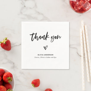 Black and White Casual Script and Heart Thank You Napkin