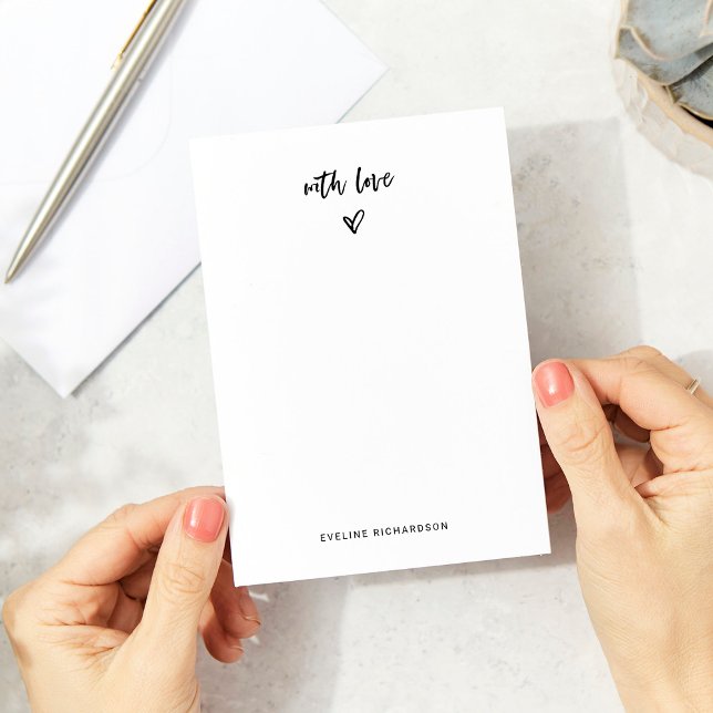 Black and White Casual Script and Heart With Love Card (Sweet and simple note cards with a trendy, hand-drawn heart and casual script typography)