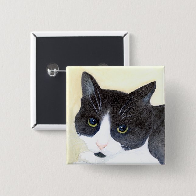 Black and White Cat 2 Inch Square Button (Front & Back)