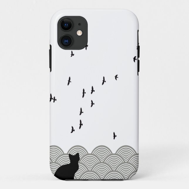 Black and white cat and birds iPhone case (Back)