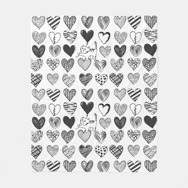 Black and White Cat and Heart Pattern Fleece Blanket (Front)