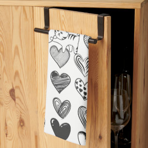 Black and White Cat and Heart Pattern Kitchen Towel