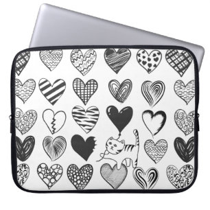 Black and White Cat and Heart Pattern Laptop Sleeve