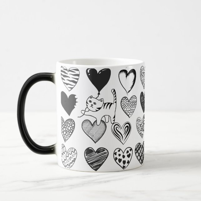 Black and White Cat and Heart Pattern Magic Mug (Left)