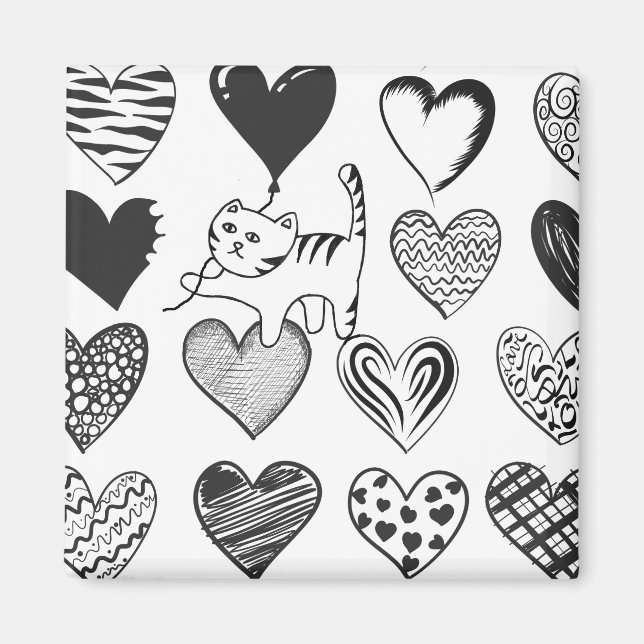 Black and White Cat and Heart Pattern Magnet (Front)
