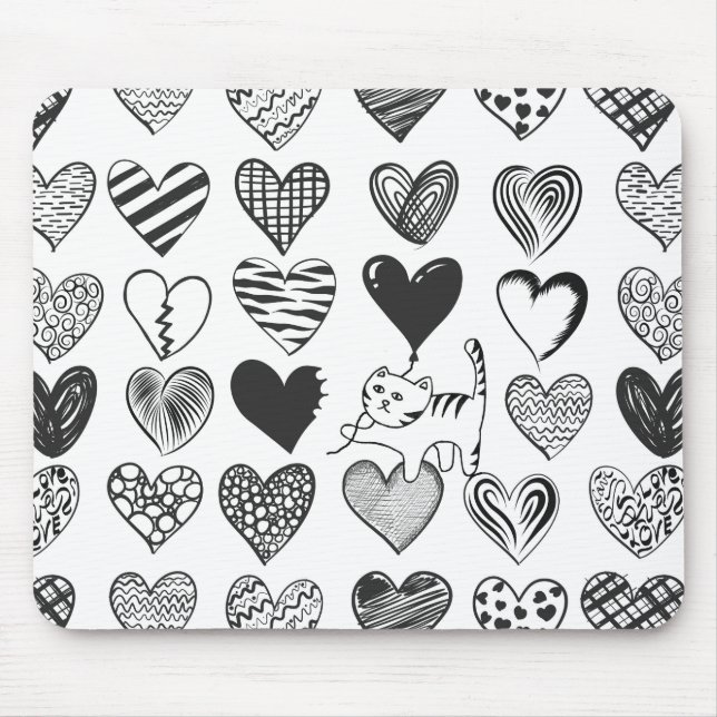 Black and White Cat and Heart Pattern Mouse Pad (Front)