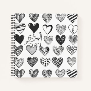 Black and White Cat and Heart Pattern Notebook