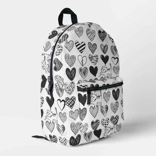 Black and White Cat and Heart Pattern Printed Backpack (Back Corner Left)