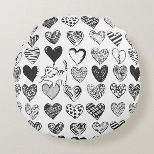 Black and White Cat and Heart Pattern Round Pillow