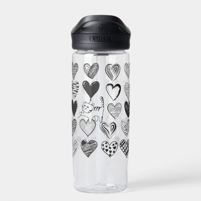 Black and White Cat and Heart Pattern Water Bottle (Back)