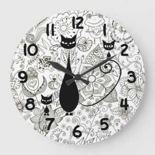 Black and White Cat and Kittens Wall Clock