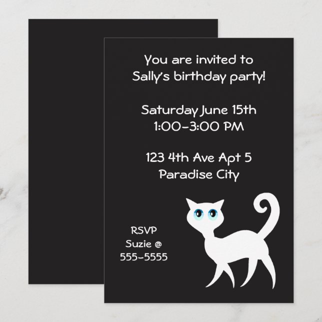 Black and White Cat Birthday Party Invitation (Front/Back)