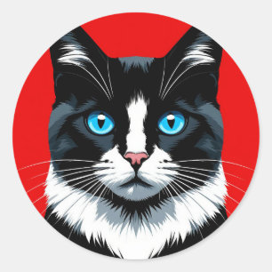Black and White Cat Blue Eyes 🐱 Vibrant Feline 💙 Classic Round Sticker