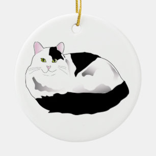 black and white cat ceramic ornament